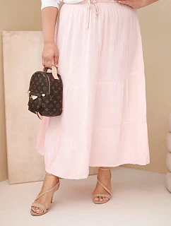 Dámská sukně Plus Size bavlněná mušelínová s volánem a gumou bonbónově růžová