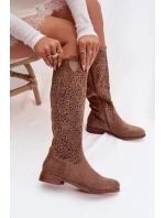 Dámské perforované kozačky na plochém podpatku S.Barski HY61-8023 Hnědé