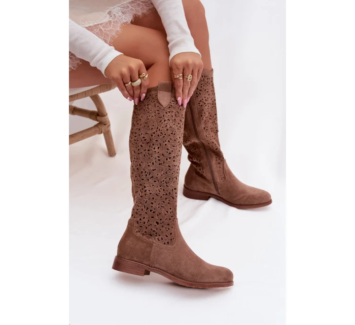 Dámské perforované kozačky na plochém podpatku S.Barski HY61-8023 Hnědé