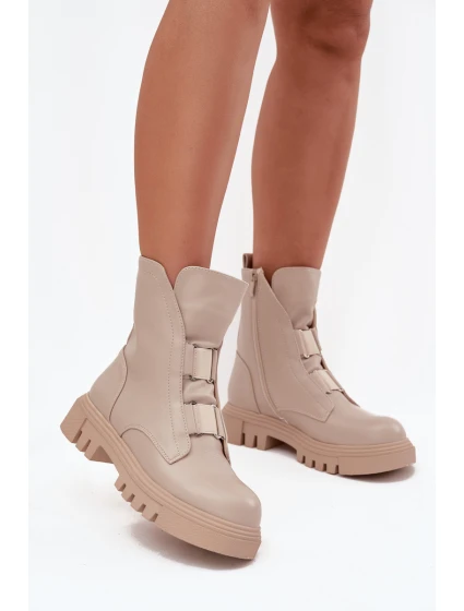 Zateplené boty pro ženy na zip z eko kůže světle béžové model 21724975 - Boto Zateplené boty pro ženy na zip z eko kůže světle béžové model 21724975 - Boto