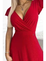 411-2 CRYSTAL lesklé dlouhé šaty s výstřihem - ČERVENÉ