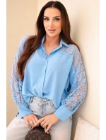 Dámská viskózová košile s krajkovými rukávy a límečkem modrá Dámská viskózová košile s krajkovými rukávy a límečkem modrá