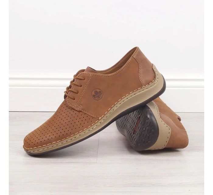 Kožené polobotky Rieker M RKR528 hnědé s ažurovým vzorem