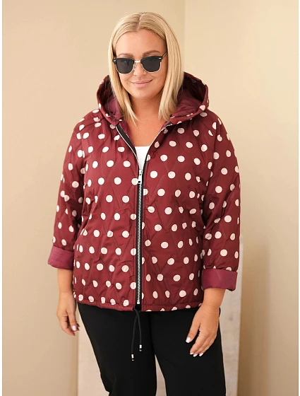 Dámská bunda Plus Size s kapucí puntíkovaná bordó červená