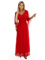 655-5 Dlouhé světlé třpytivé šaty s výstřihem a průhlednými rukávy - červené