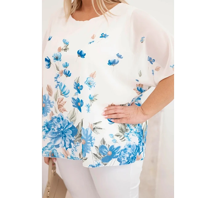 Dámská halenka Plus Size s krátkým rukávem a květinovým potiskem modrá