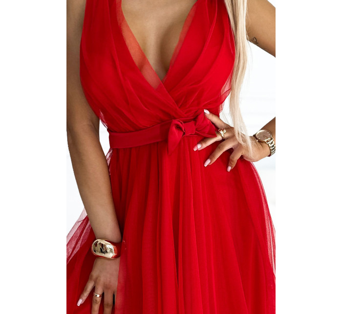 Červené tylové dámské šaty s výstřihem a mašličkou 523-2