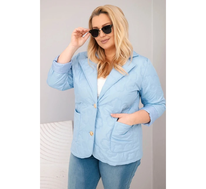 Dámská bunda Plus Size prošívaná květinová s límcem a kapsami modrá