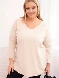 Dámská bavlněná blůza Plus Size s výstřihem do V a ohrnovacími rukávy béžová