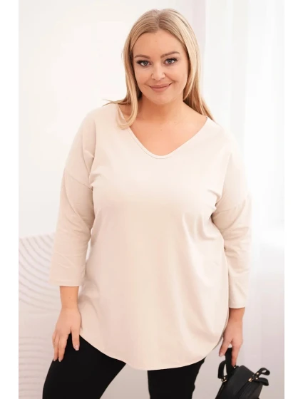 Dámská bavlněná blůza Plus Size s výstřihem do V a ohrnovacími rukávy béžová Dámská bavlněná blůza Plus Size s výstřihem do V a ohrnovacími rukávy béžová