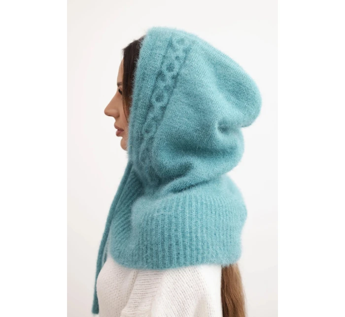 Dámská čepice s kapucí, šněrováním a copánkovým vzorem mátová Dámská čepice s kapucí, šněrováním a copánkovým vzorem mátová