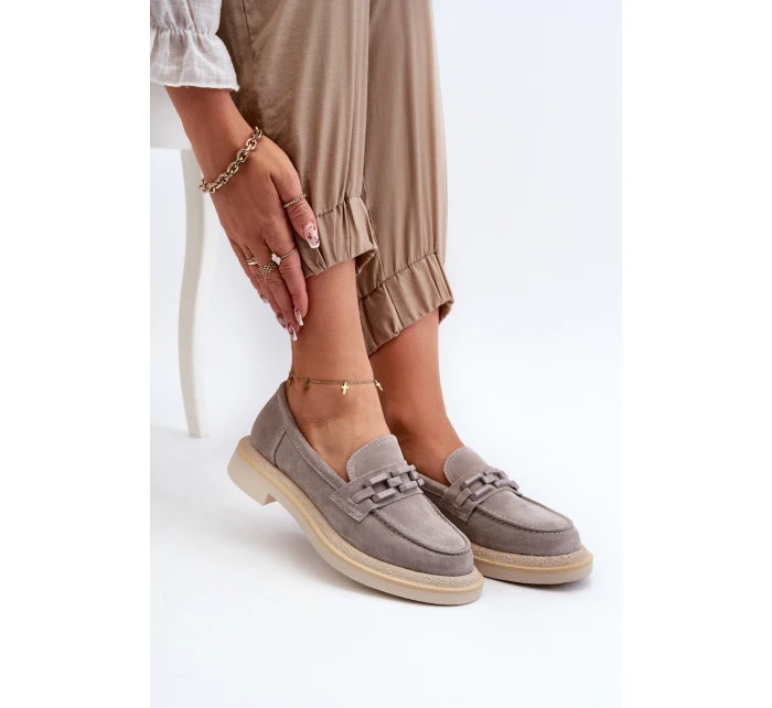 Dámské semišové mokasíny na plochém podpatku s ozdobou D&A TW101 Šedé