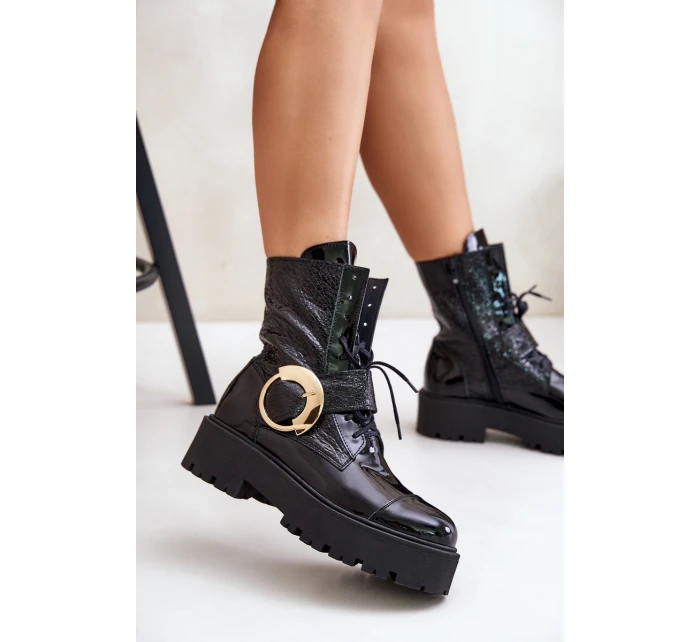 Zazoo 2942 Kožené boty worker se zlatou sponou černé