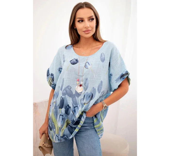 Dámská bavlněná košile s květinovým vzorem modrý