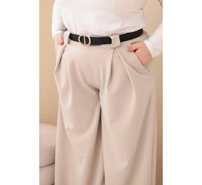 Dámské kalhoty Plus Size viskózové s širokou nohavicí a páskem béžové