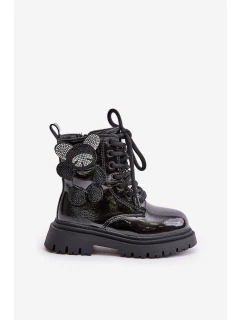 Zateplené dívčí botky s medvídkem na zip lakované černé model 21672270 - Boto