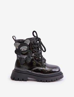 Zateplené dívčí botky s medvídkem na zip lakované černé model 21672270 - Boto