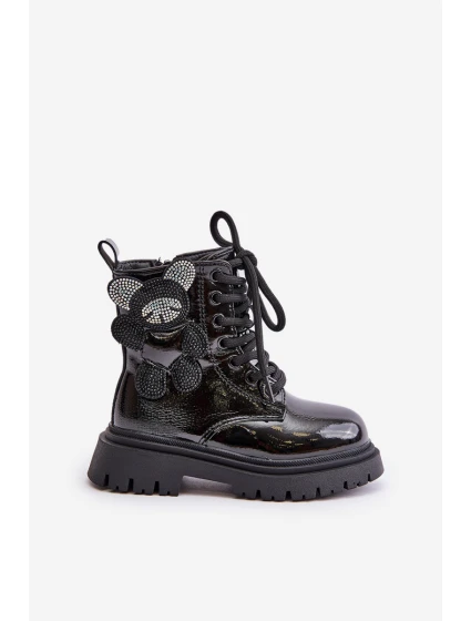 Zateplené dívčí botky s medvídkem na zip lakované černé model 21672270 - Boto