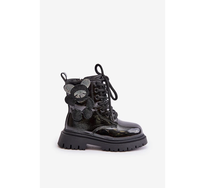 Zateplené dívčí botky s medvídkem na zip lakované černé model 21672270 - Boto