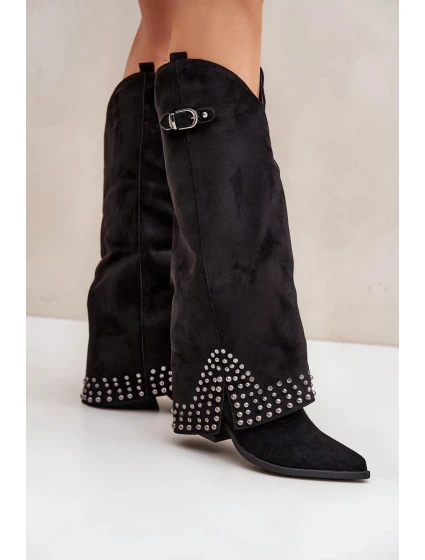 Kozačky s ohrnutým svrškem na podpatku černé Iveliri