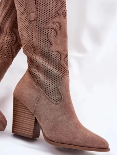 Dámské perforované kozačky ve stylu kovbojek na sloupkovém podpatku S.Barski – hnědé, eko kůže