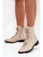 Zateplené dámské kotníkové boty na nízkém podpatku s ozdobnými květinami zlaté model 21711109 - Boto