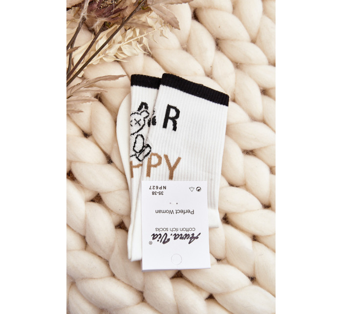 Bílé dámské bavlněné ponožky s nápisem a medvídkem
