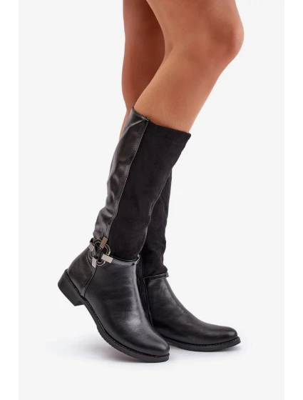 Zateplené Kozačky Na Ploché Podpatku S Ozdobnou Přezkou Černé Leatharia Zateplené Kozačky Na Ploché Podpatku S Ozdobnou Přezkou Černé Leatharia