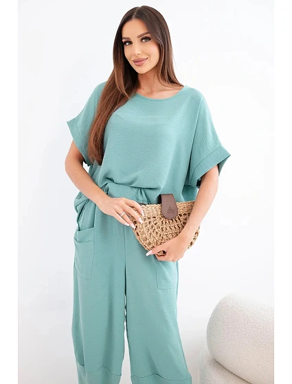 Komplet z viskózy halenka + kalhoty tmavý mentolový
