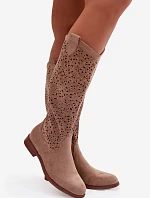 Dámské perforované kozačky na nízkém podpatku HY61-8023 Béžová - S.Barski