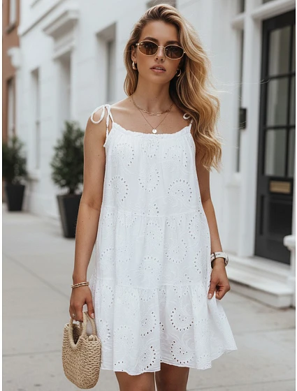 Letní dámské bavlněné šaty s prolamovaným vzorem, bílé, FashionStreet EY2674 Letní dámské bavlněné šaty s prolamovaným vzorem, bílé, FashionStreet EY2674