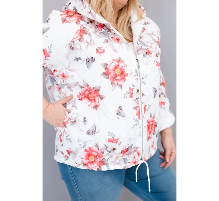 Dámská jarní prošívaná bunda Plus Size s kapucí a květinovým vzorem bílá