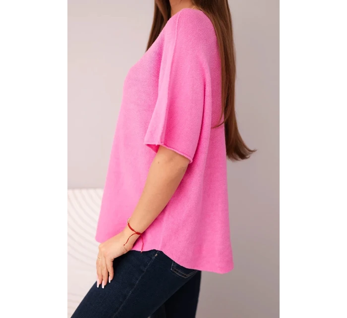 Dámská svetrá blůza s krátkým rukávem a výstřihem do V světle růžová