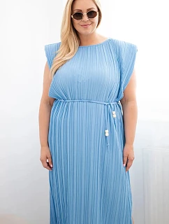 Dámské šaty Plus Size viskózové plisované s vázáním modrá