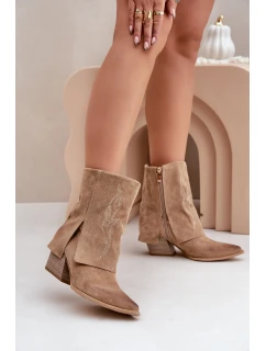 Semišové Kotníkové Boty Kožené Na Podpatku S Ohnutým Svrškem Béžové Zazoo 3488