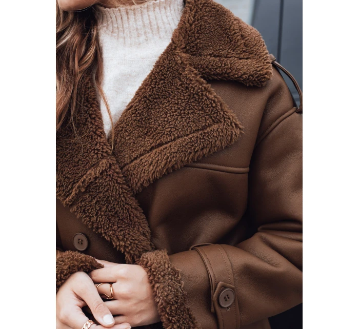 Dámský zimní kabát dlouhý hnědý kožený Dstreet model 21990801 - FashionStreet