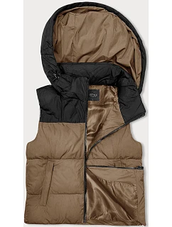 Dámská krátká vesta s kapucí j.style tmavě béžovo-černá (16M9112-84)