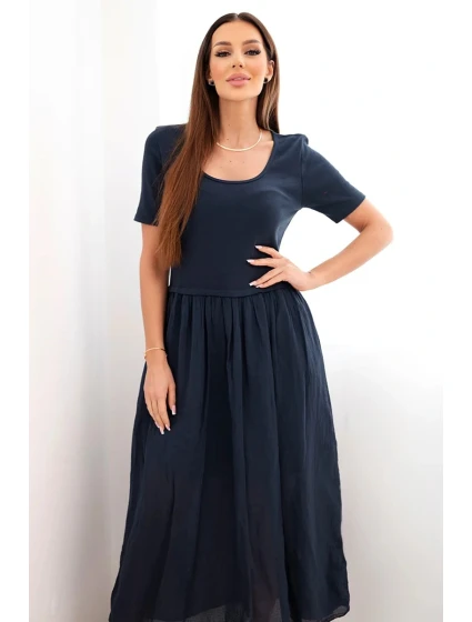 Dámské bavlněné midi šaty s krátkým rukávem a rozšířeným spodkem námořnická modrá