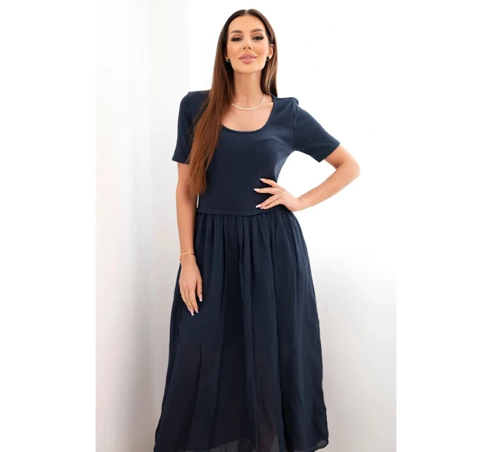 Dámské bavlněné midi šaty s krátkým rukávem a rozšířeným spodkem námořnická modrá