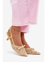 Dámské krajkové sandály na podpatku s mašlí Žluté model 22107289 - Boto