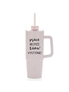 PRÁCE NEUTEČE, KÁVA VYSTYDNE! - růžový cestovní termohrnek s průhledným víčkem 900 ml