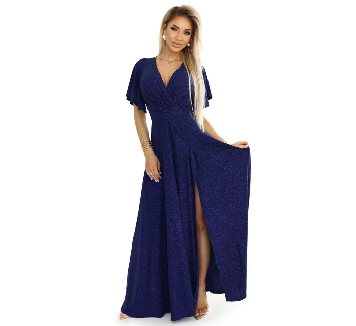 třpytivé dlouhé šaty s rukávy a výstřihem  S model 21012939 - numoco