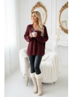 661-1 Teplý svetr oversize s fleecovou vazbou a výstřihem do V - vínový
