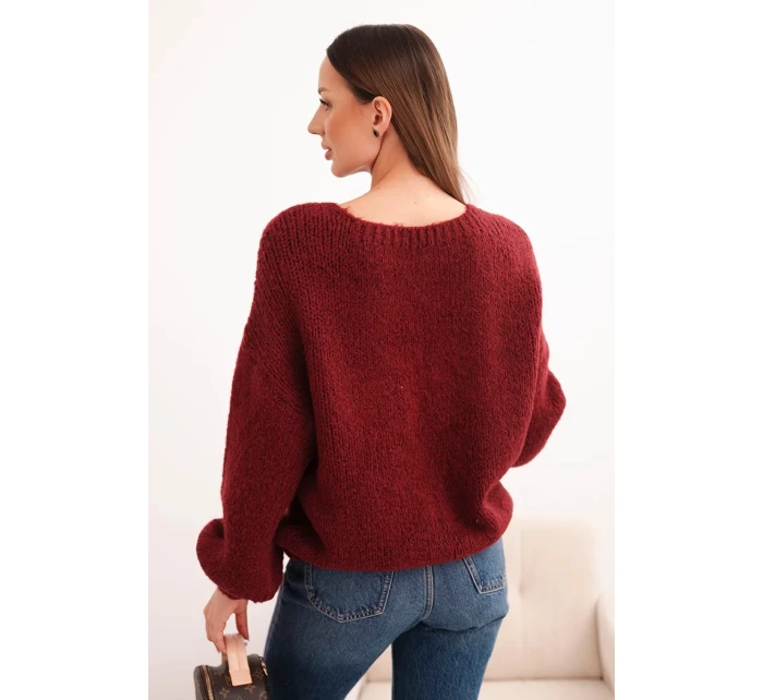 Svetr dámský s hrubým pletem z vlny a dlouhým rukávem bordó Svetr dámský s hrubým pletem z vlny a dlouhým rukávem bordó