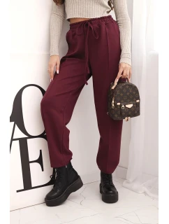 Elegantní dámské kalhoty s vysokým pasem a vázáním v pase bordó