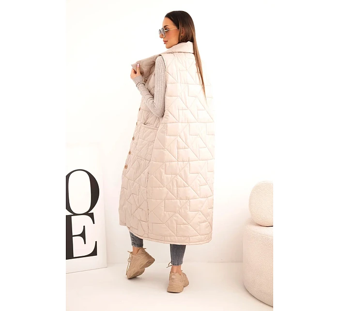 Dámská dlouhá prošívaná vesta s kapsami a stojáčkem tmavě béžová