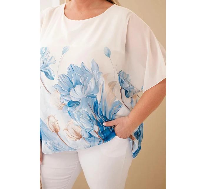 Dámská halenka Plus Size s květinovým potiskem a volným rukávem modrá