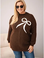 Dámský svetřík Plus Size s příměsí vlny s mašlí hnědý Dámský svetřík Plus Size s příměsí vlny s mašlí hnědý