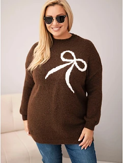 Dámský svetřík Plus Size s příměsí vlny s mašlí hnědý