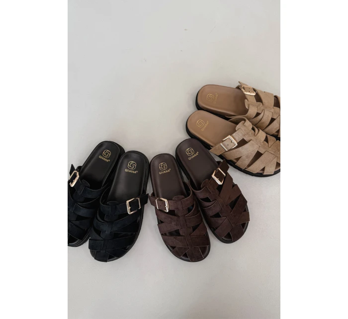 Dámské pantofle s pásky a zlatým přezkou Čokoládové Roselisse